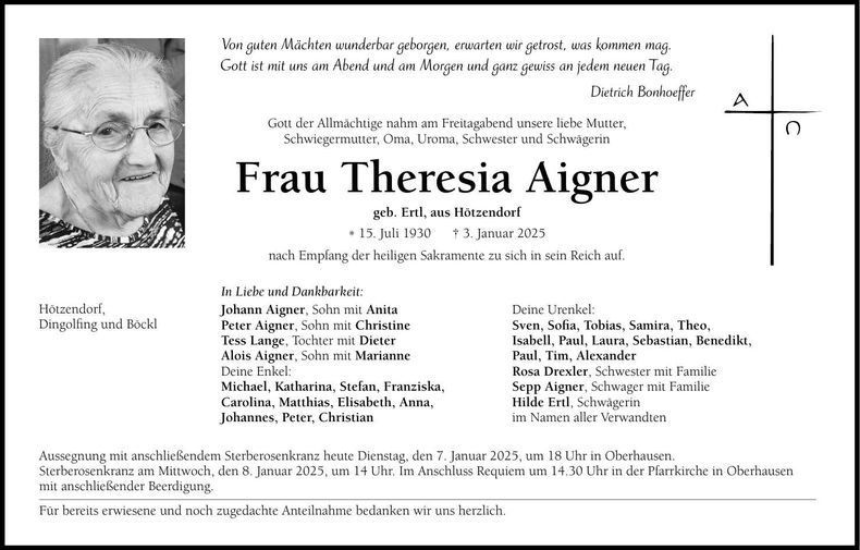 Traueranzeige Theresia Aigner