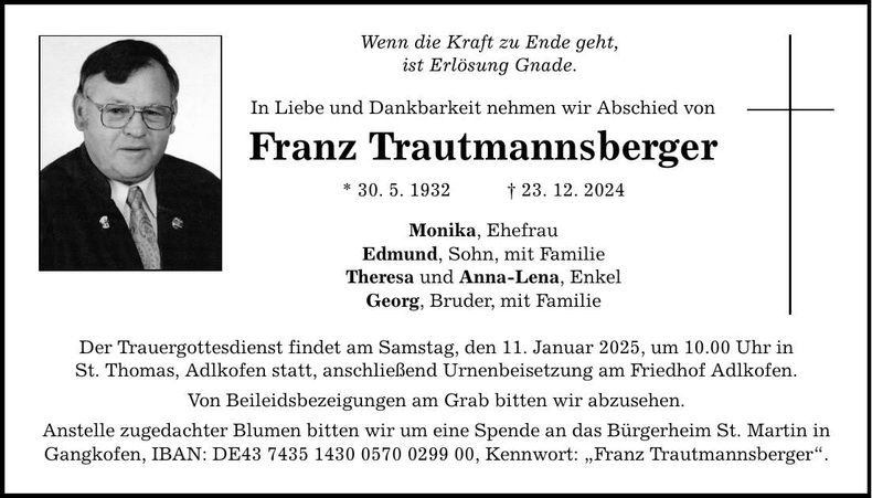 Traueranzeige Franz Trautmannsberger