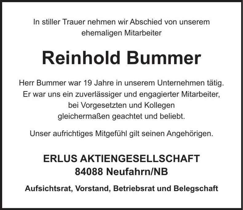 Traueranzeige Reinhold Bummer