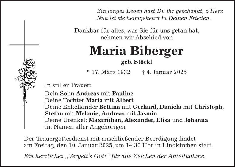 Traueranzeige Maria Biberger