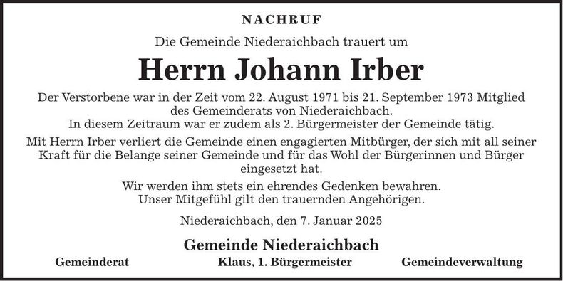 Traueranzeige Johann Irber