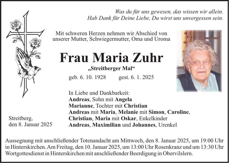 Traueranzeige Maria Zuhr