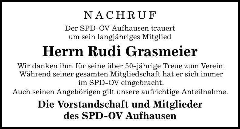 Traueranzeige Rudi Grasmeier