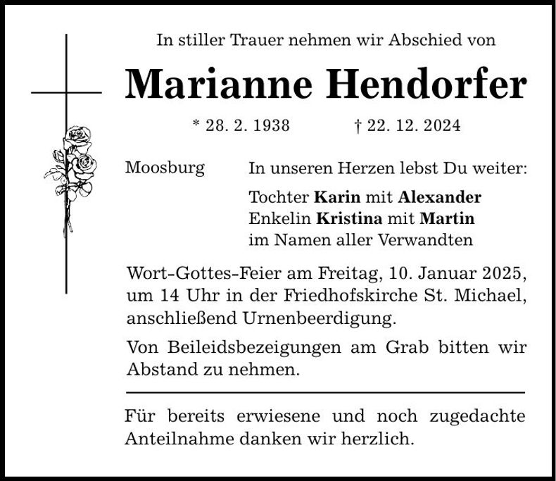 Traueranzeige Marianne Hendorfer