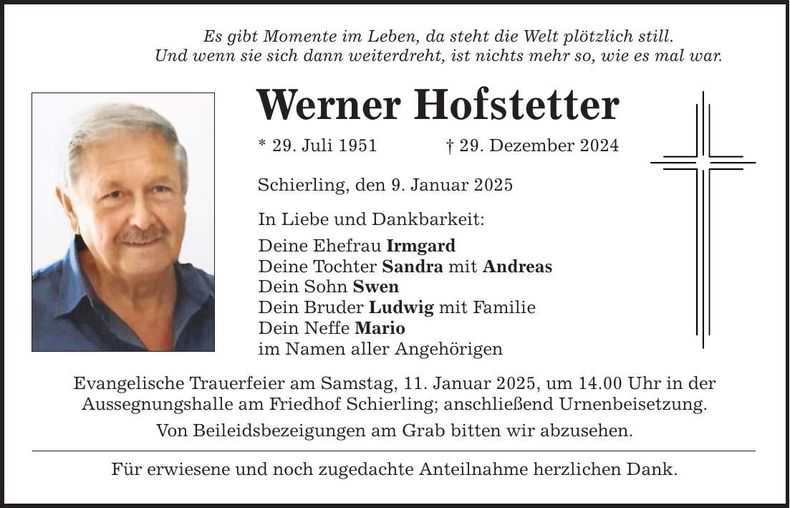 Traueranzeige Werner Hofstetter