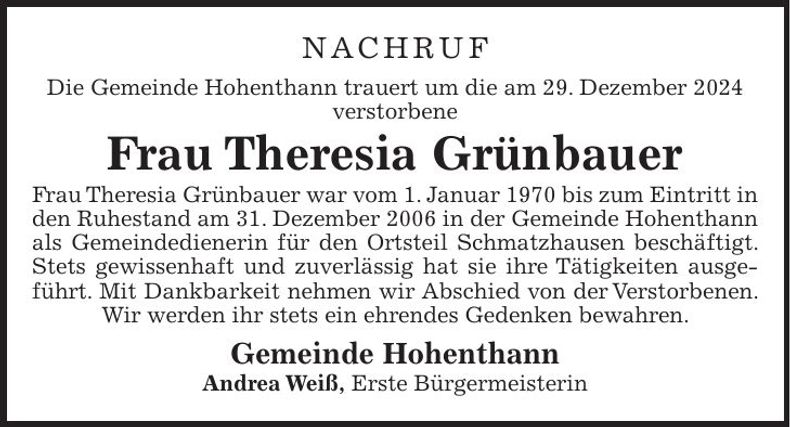 Traueranzeige Theresia Grünbauer