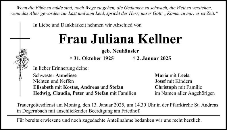Traueranzeige Juliana Kellner