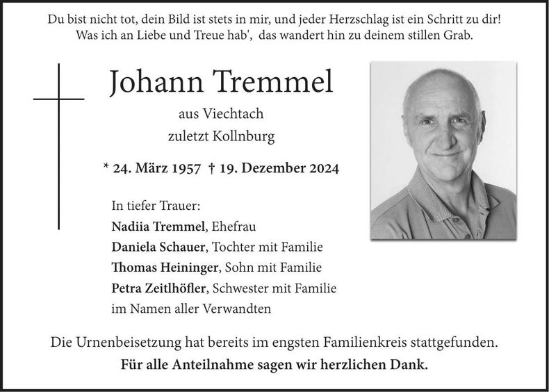 Traueranzeige Johann Tremmel