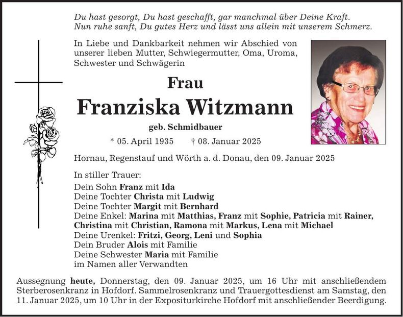 Traueranzeige Franziska Wittmann
