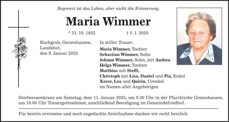 Traueranzeige Maria Wimmer
