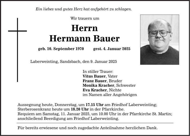 Traueranzeige Hermann Bauer