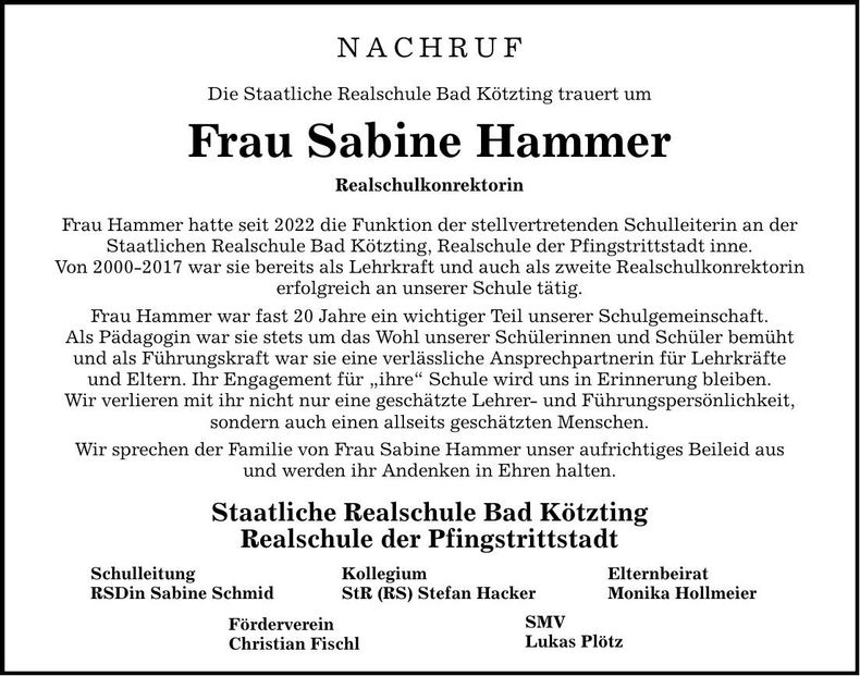 Traueranzeige Sabine Hammer