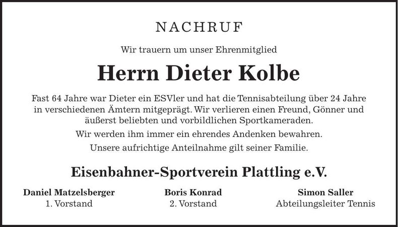 Traueranzeige Dieter Kolbe