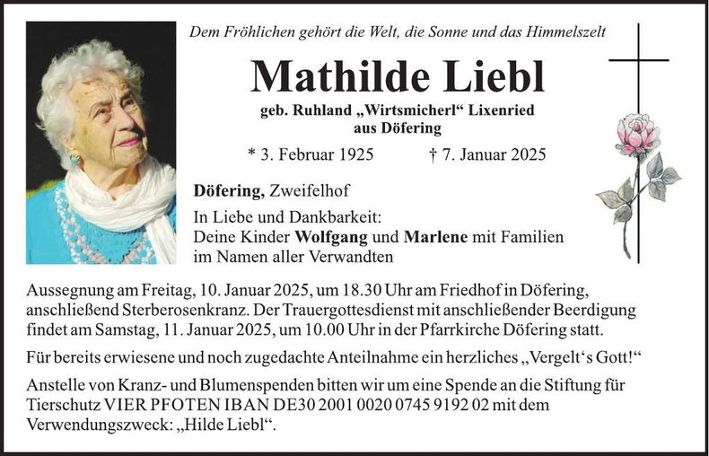 Traueranzeige Mathilde Liebl