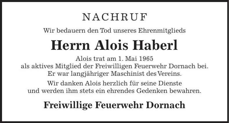 Traueranzeige Alois Haberl