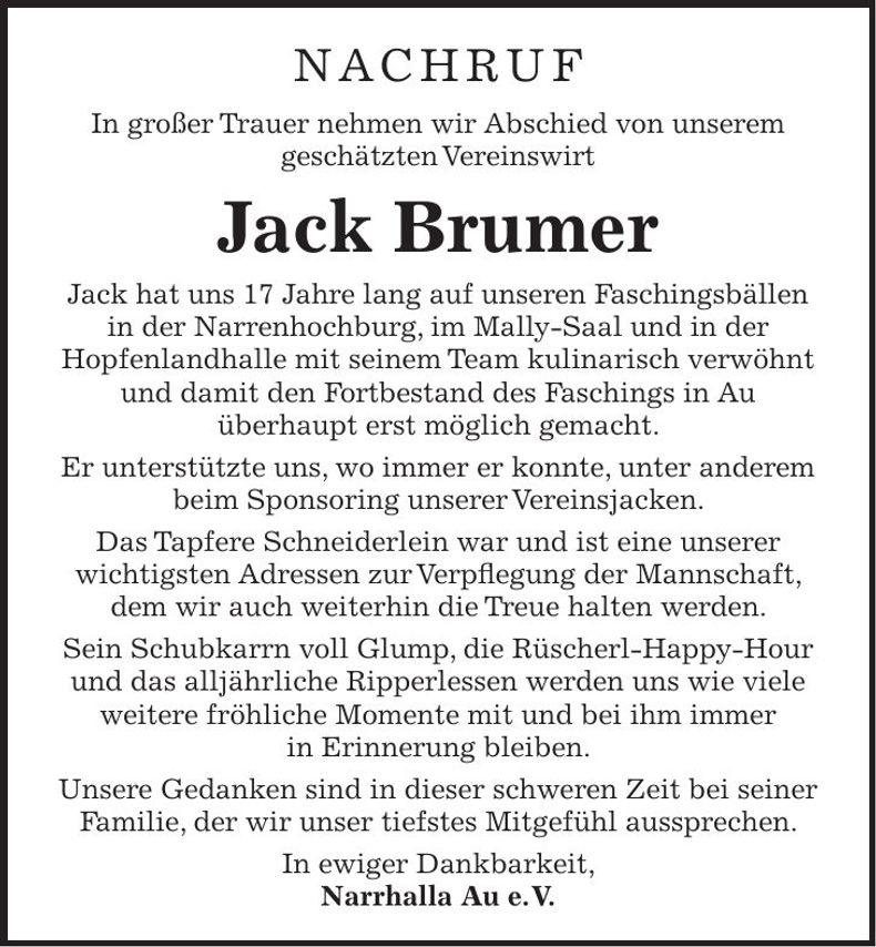 Traueranzeige Jack Brumer
