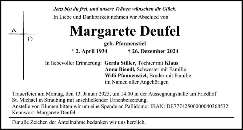 Traueranzeige Margarete Deufel