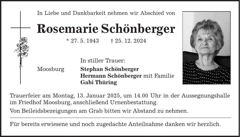 Traueranzeige Rosemarie Schönberger