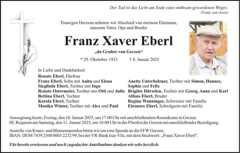 Traueranzeige Franz Xaver Eberl