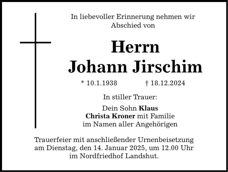Traueranzeige Johann Jirschim