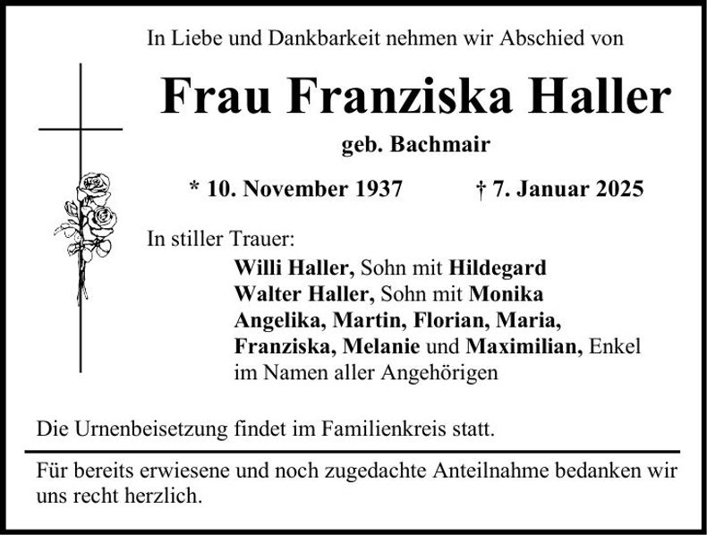 Traueranzeige Franziska Haller