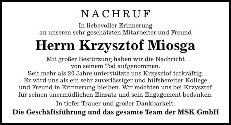 Traueranzeige Krzystof Miosga