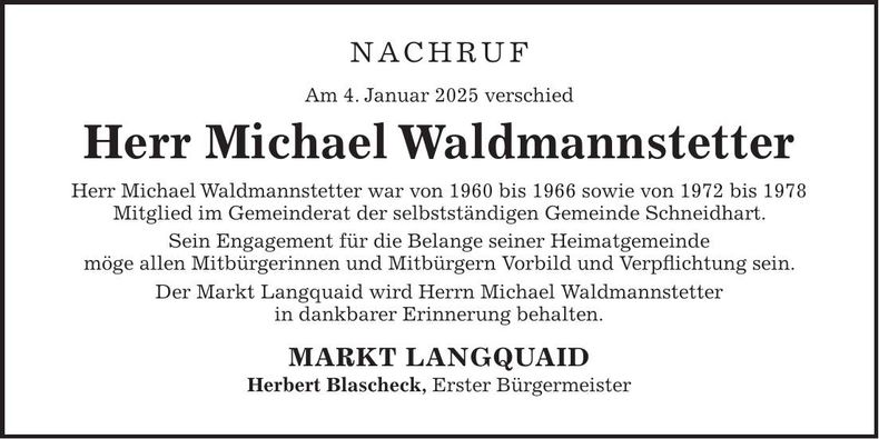 Traueranzeige Michael Waldmannstetter