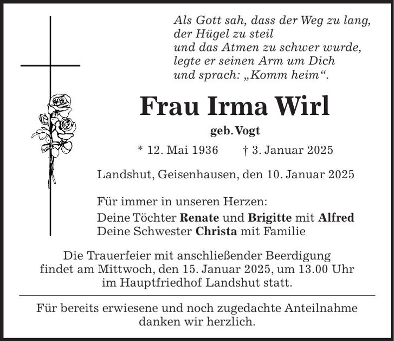 Traueranzeige Irma Wirl