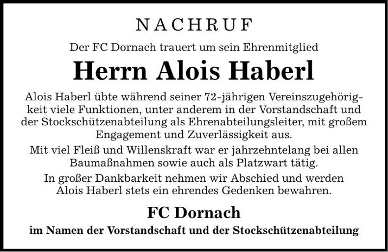 Traueranzeige Alois Haberl