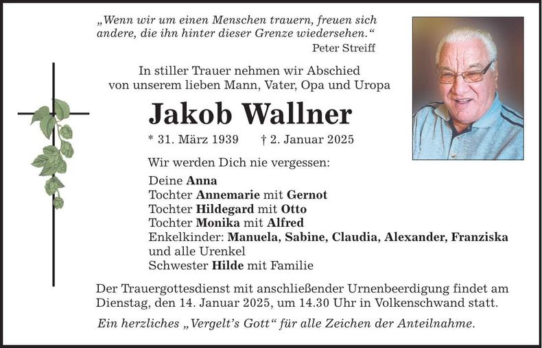 Traueranzeige Jakob Wallner