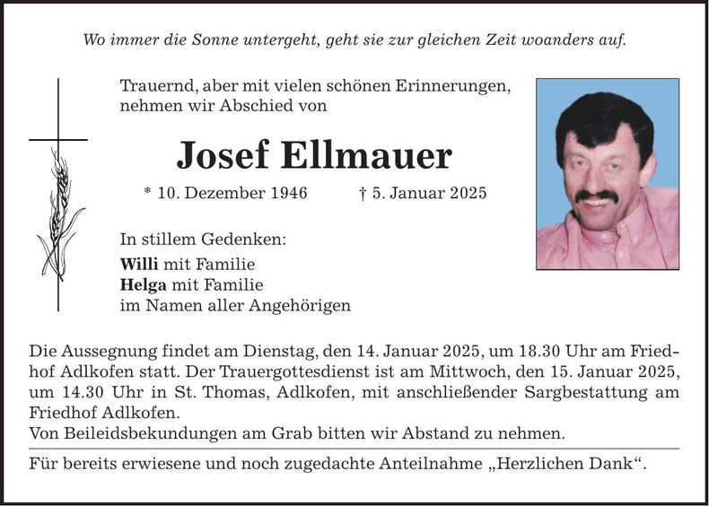 Traueranzeige Josef Ellmauer