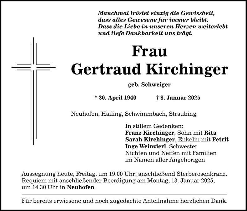Traueranzeige Gertraud Kirchinger