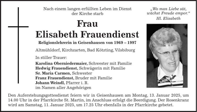 Traueranzeige Elisabeth Frauendienst