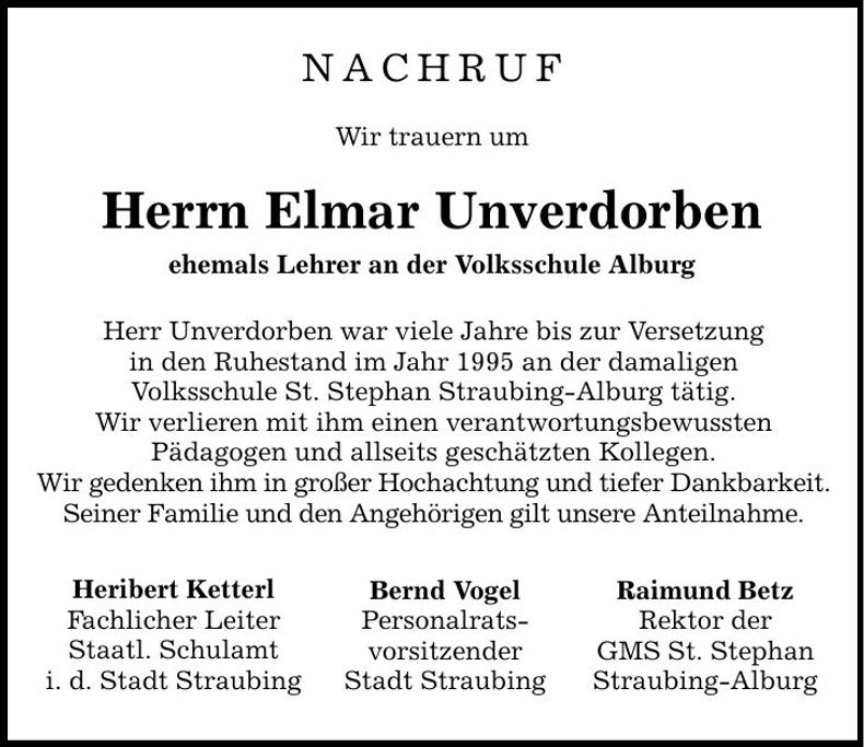Traueranzeige Elmar Unverdorben