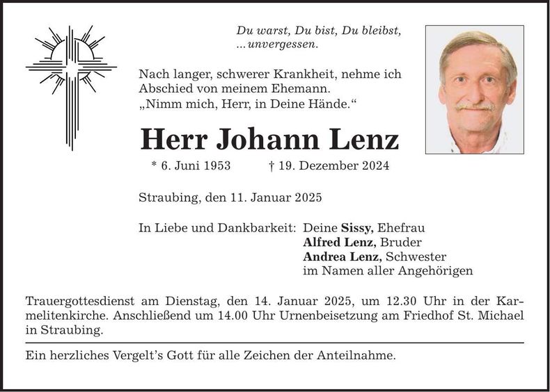 Traueranzeige Johann Lenz