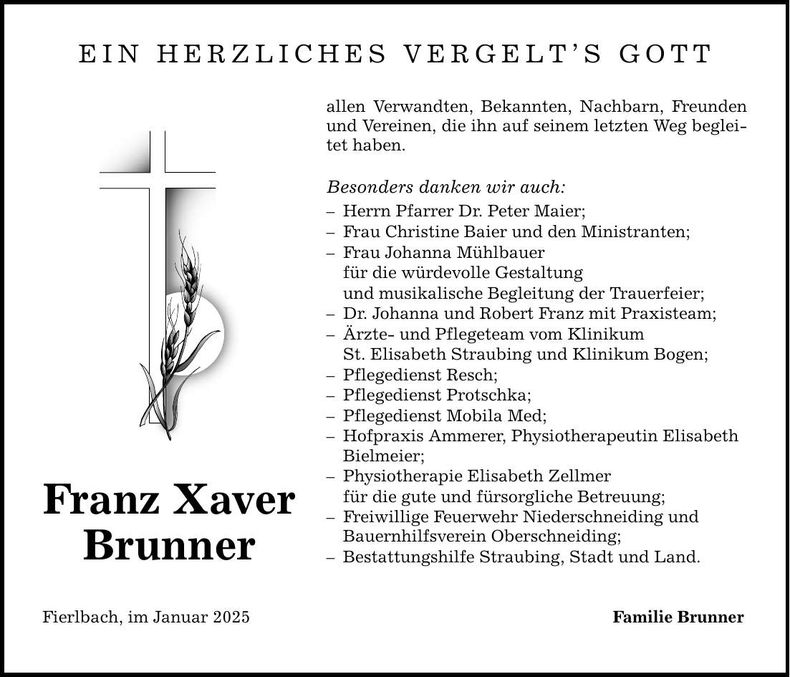 Traueranzeige Franz Xaver Brunner