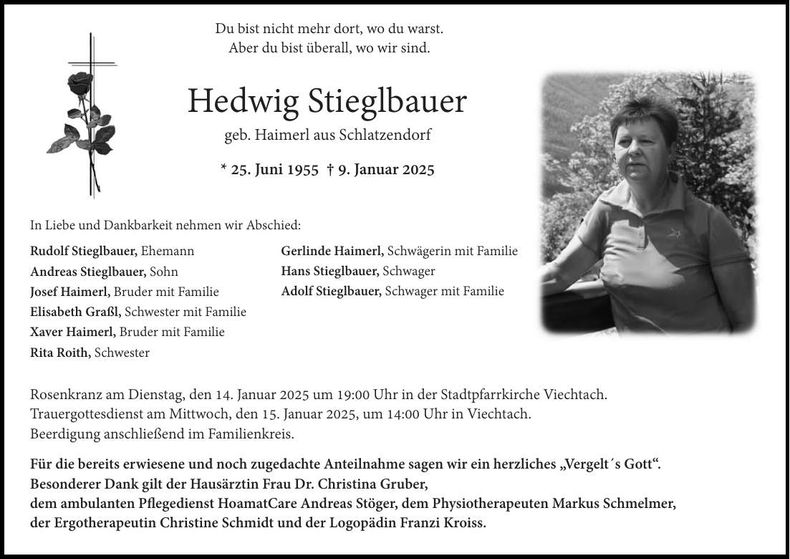 Traueranzeige Hedwig Stieglbauer