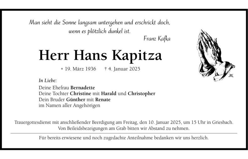 Traueranzeige Hans Kapitza