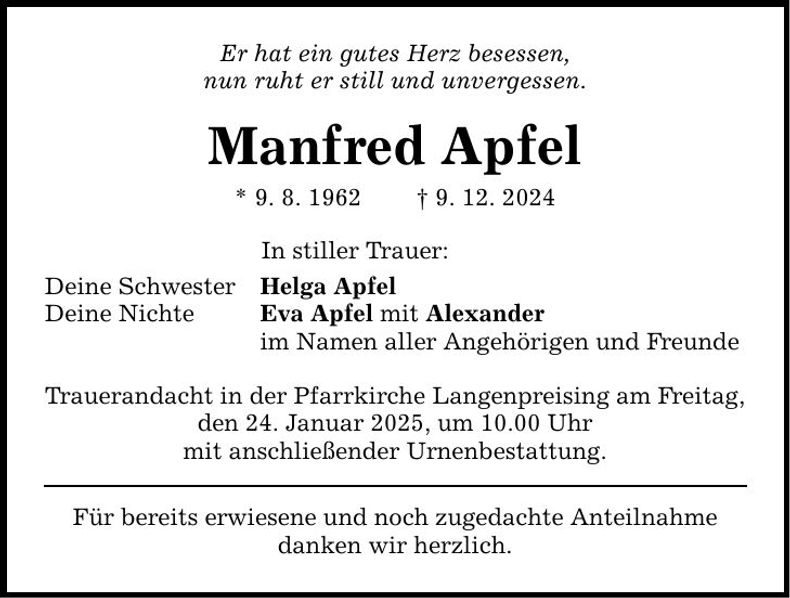 Traueranzeige Manfred Apfel