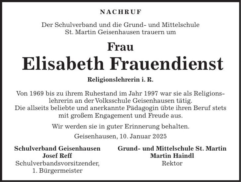 Traueranzeige Elisabeth Frauendienst