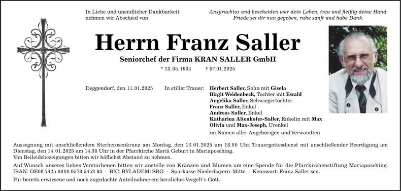 Traueranzeige Franz Saller