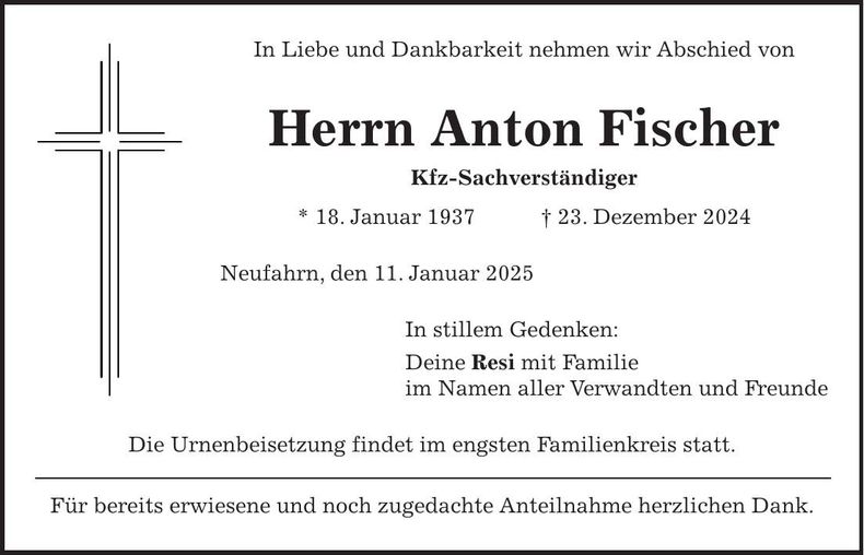 Traueranzeige Anton Fischer