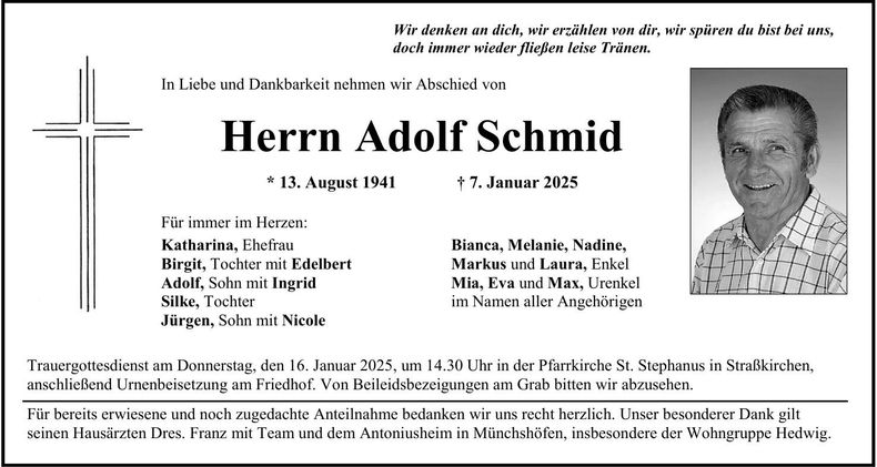 Traueranzeige Adolf Schmid