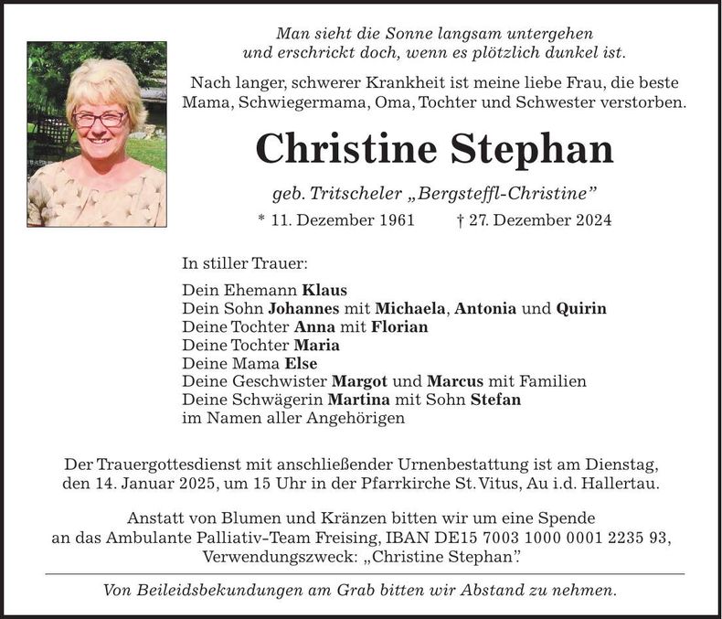 Traueranzeige Christine Stephan