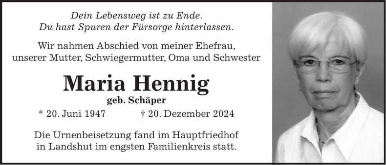 Traueranzeige Maria Hennig