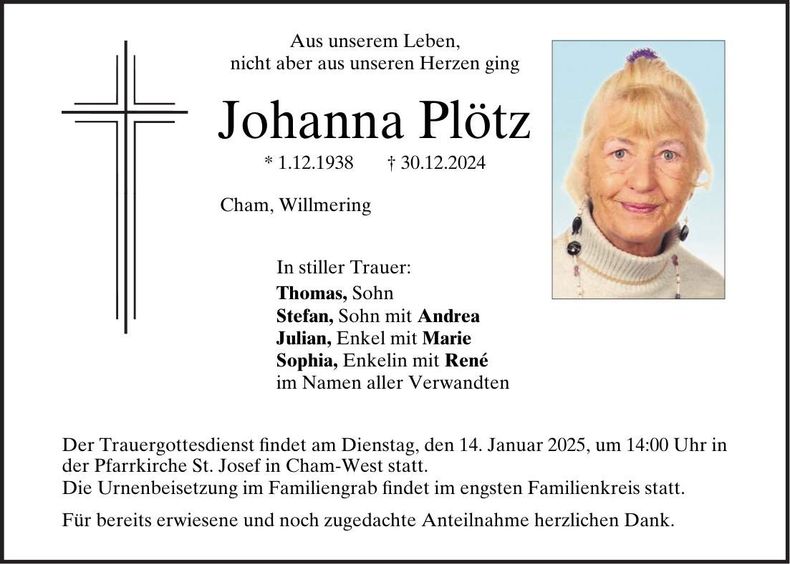 Traueranzeige Johanna Plötz
