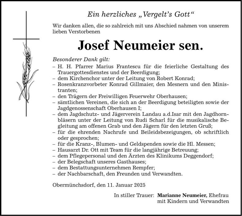 Traueranzeige Josef Neumeier sen.