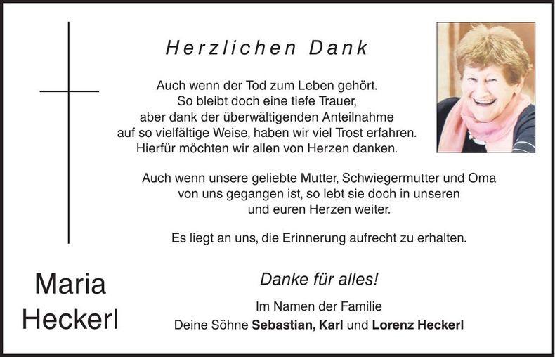 Traueranzeige Maria Heckerl