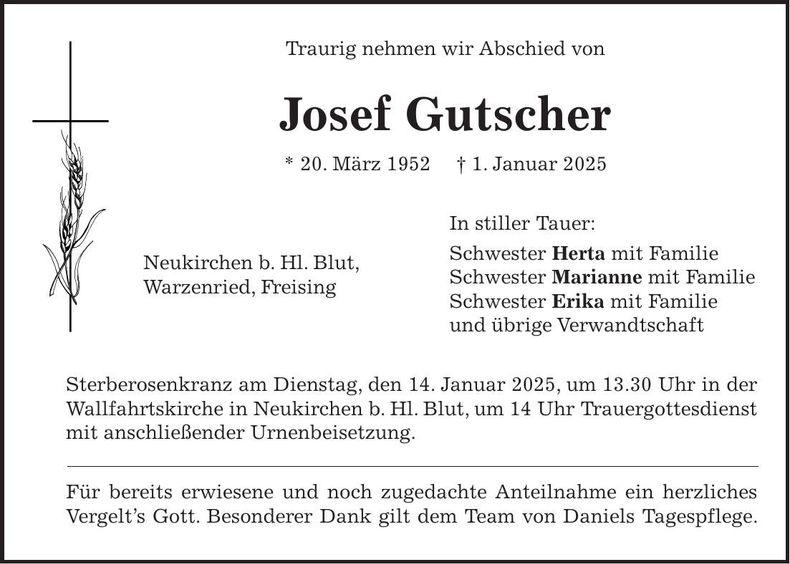 Traueranzeige Josef Gutscher