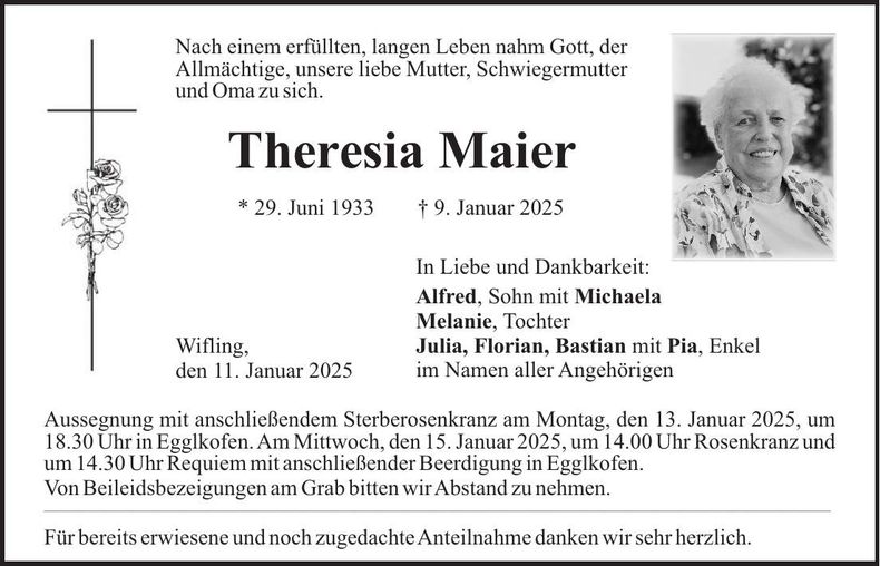 Traueranzeige Theresia Maier